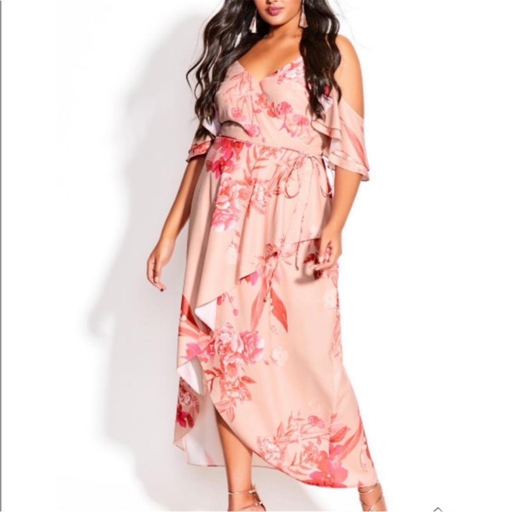 City Chic Elegant Ruffle Maxi Dress Pink Floral Print SZ 20 NWOT